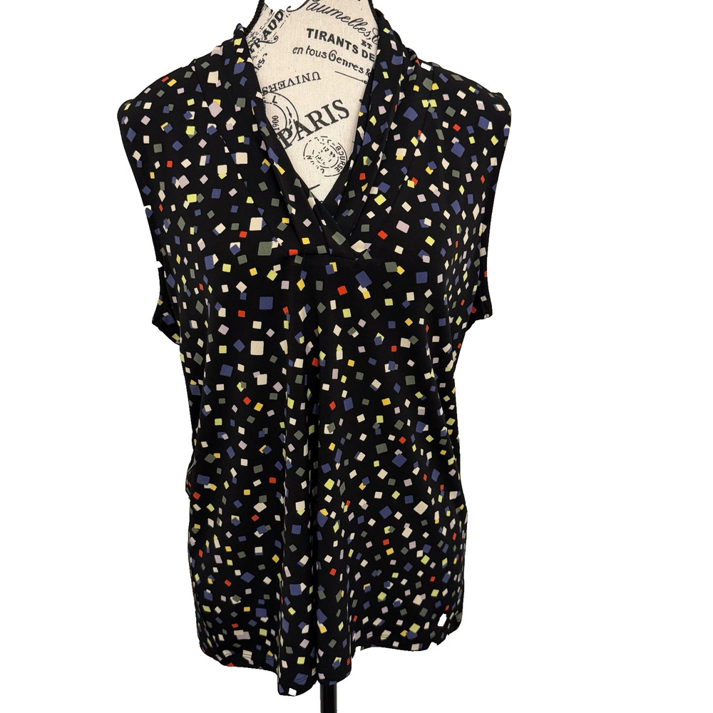 Anne Klein Women’s Sleeveless Top Large Black With Multicolor Geometric Shapes